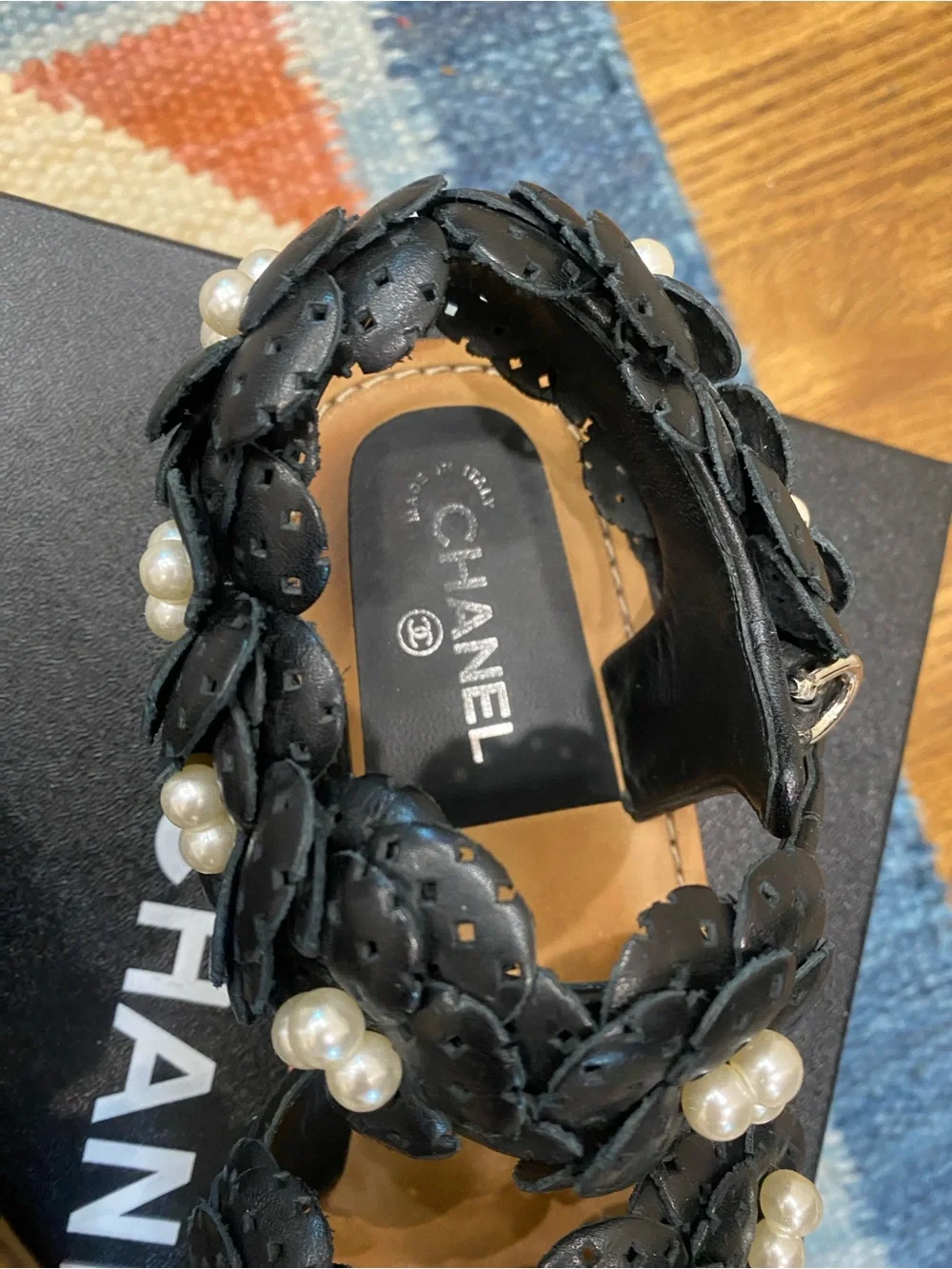 CHANEL G30545 Black Leather Pearl Camellia Sandals Size 37.5 / US 7.5 w/ Box